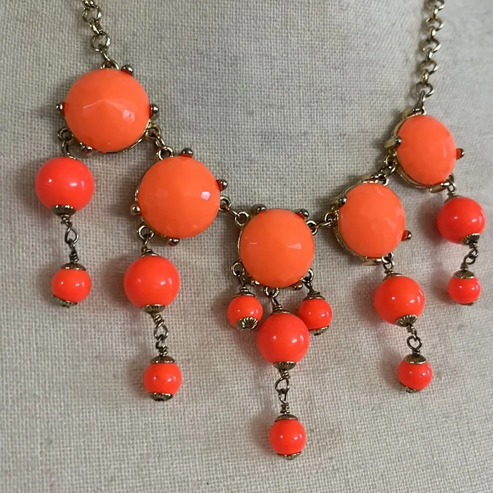 J.Crew bright orange beads with gold tone  statement necklace 9.5”